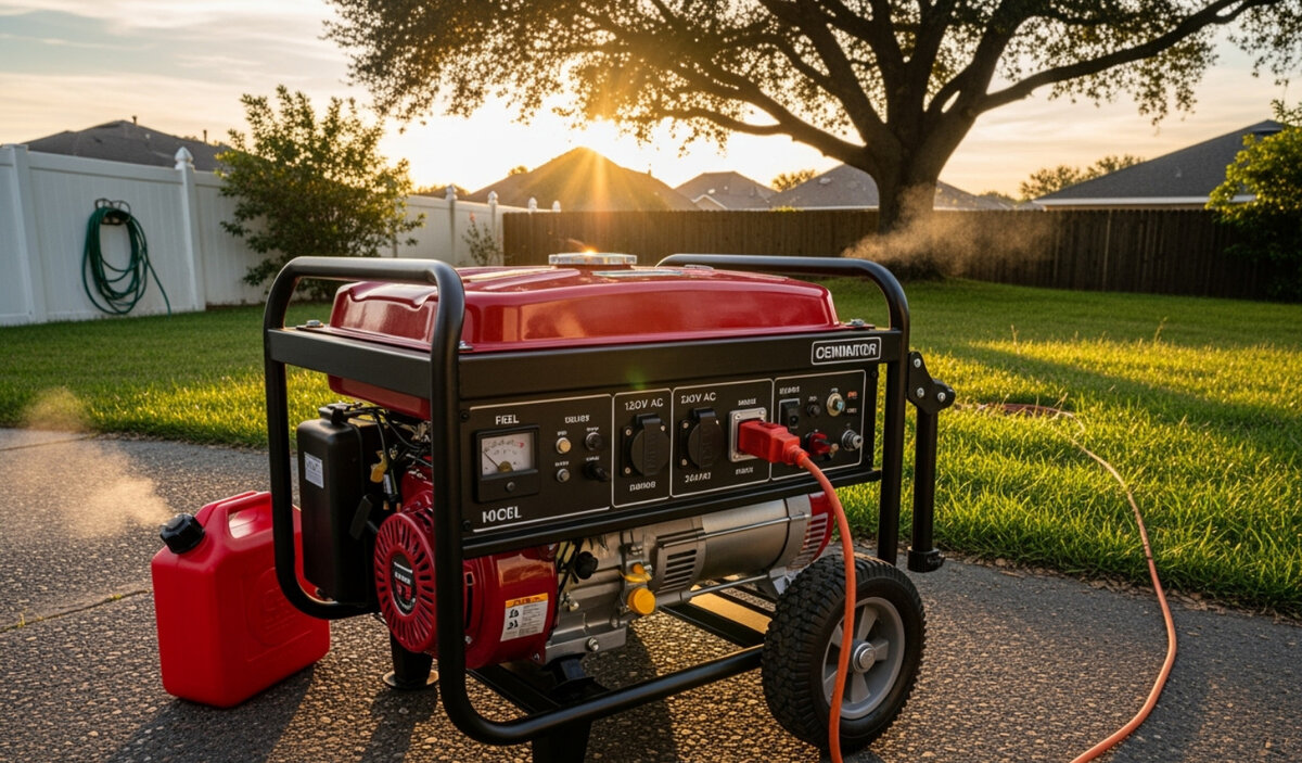 Portable gasoline generator with fuel can and extension cord on a driveway